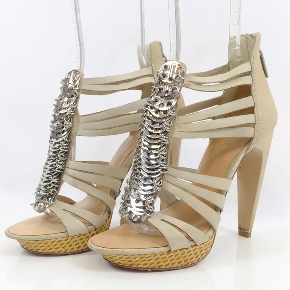 L.A.M.B. Leather Silver Coin Strappy Platform Heels - Picture 3 of 11